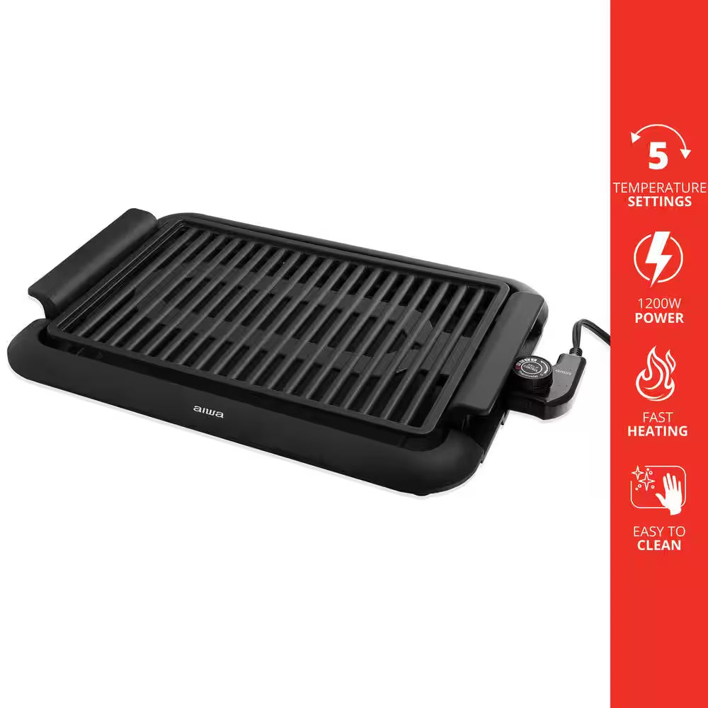 1200-Watt Indoor Smokeless Grill 5 Temperature Settings Cleaning, Black Ceramic Nonstick Skillet