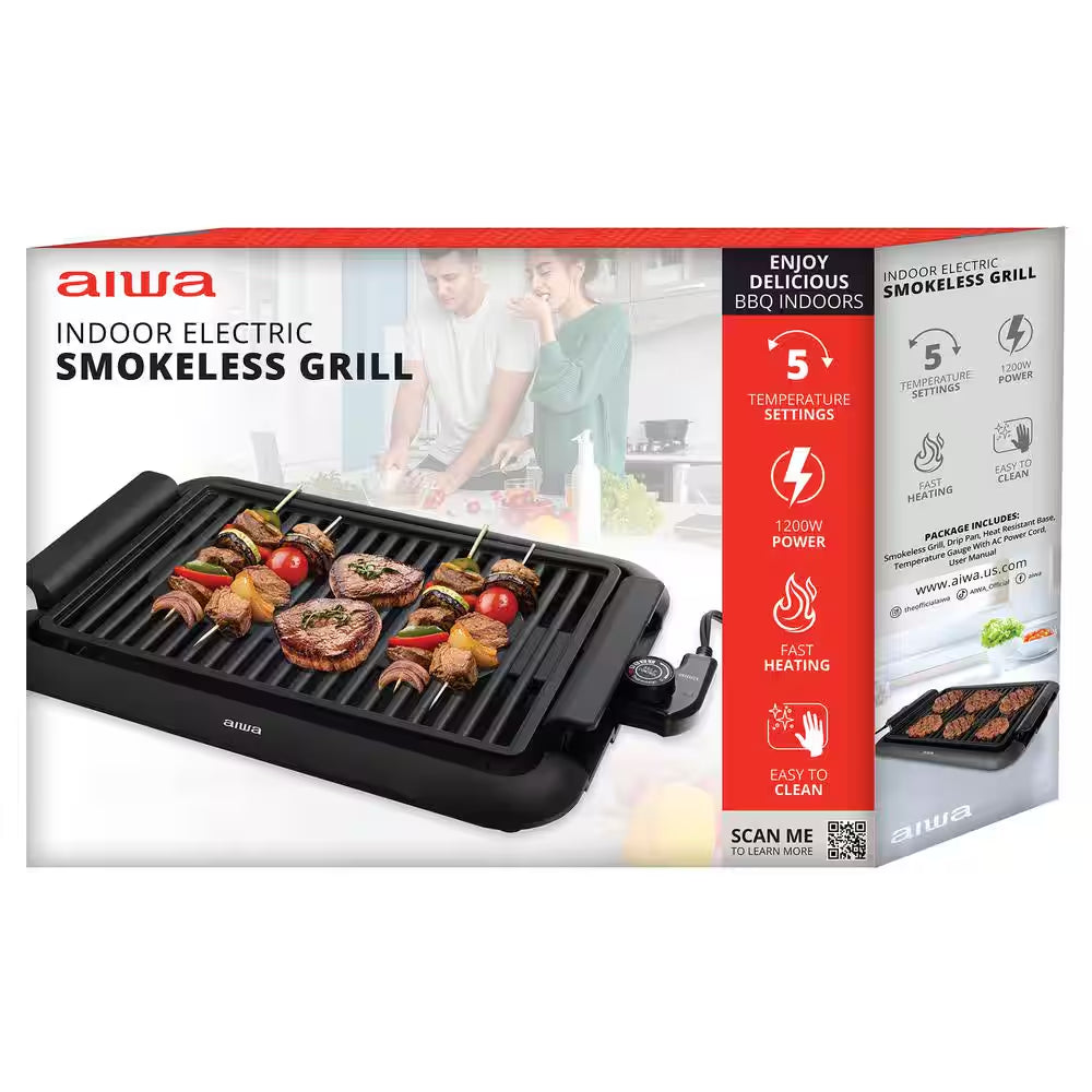 1200-Watt Indoor Smokeless Grill 5 Temperature Settings Cleaning, Black Ceramic Nonstick Skillet