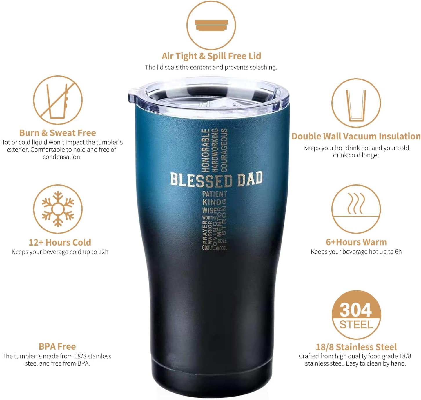 Dad Tumbler - Blessed Dad - Dad Gifts from Daughter Son Wife - 20 Oz Stainless Steel Coffee Travel Mug for Men - Christian Gifts for Men - Best Dad Ever Birthday Gifts for Men Husband (Midnight)